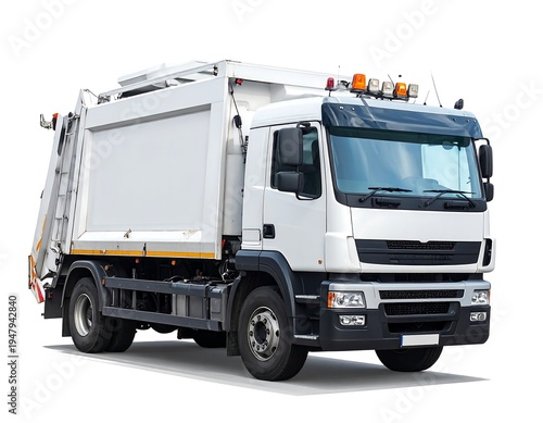 Front-side view of a white sanitation truck against a white background, casting a shadow on the surface below