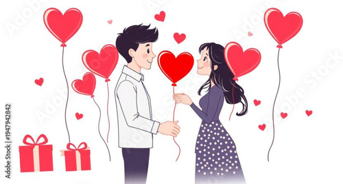 Romantic cartoon illustration of a happy young couple in love holding a red heart gift for a Valentine's Day holiday celebration