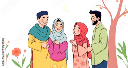 A happy family of four including a smiling mother, father, son, and child enjoy togetherness and fun in the garden illustration featuring a group of kids and parents filled with love and happiness