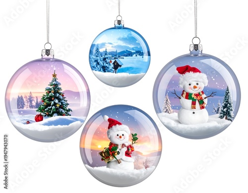 Four Christmas ornaments, each showing winter scene with a snowman, a house, or a tree in a landscape