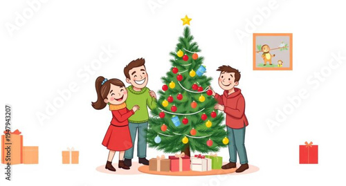 A smiling happy family with a joyful mother, boy, and child celebrates the winter holiday by sharing Christmas gift boxes and presents near a decorated tree