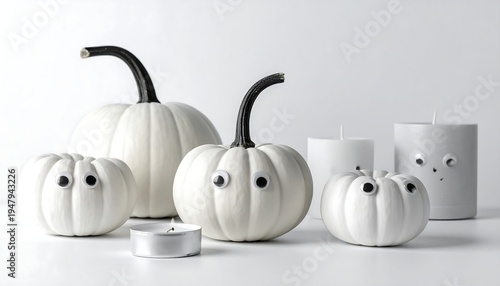 Four white pumpkins with googly eyes and two white candles against a white background