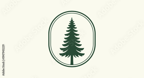 Stylized evergreen pine tree icon in an oval frame on a light background. Minimalist nature logo design element for forest or outdoor themes.
