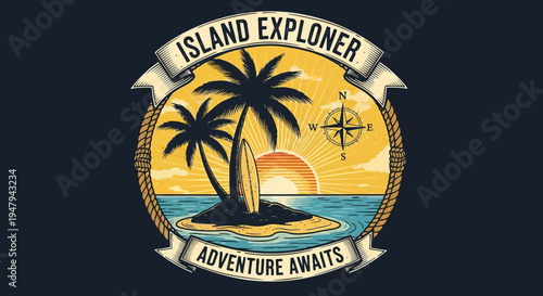 Retro Tropical Island Explorer Graphic Design with Palm Trees, Surfboard, Ocean Sunset, and Compass for Adventure