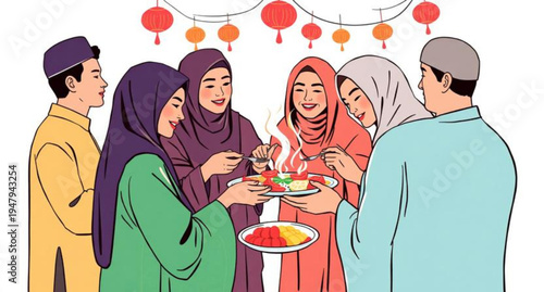 A happy family and diverse group of friends sit together at a home dinner table smiling while enjoying a festive Christmas meal with soulful food and children