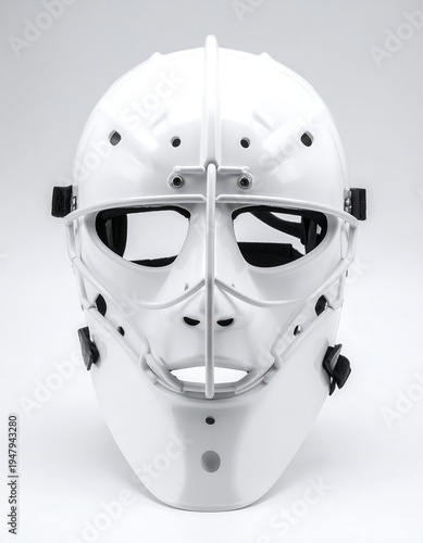 Front view of a white protective mask with facial contours and a cage for the eyes and nose, used in a sport