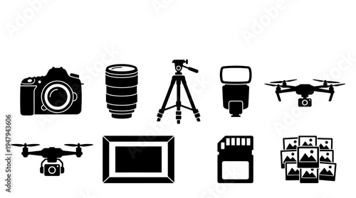 Photography Equipment Vector Icon Set – Camera Gear Vectors Featuring DSLR, Lens, Tripod, Flash, Drone, Monitor, Memory Card, Photo Frame, and Streaming Setup