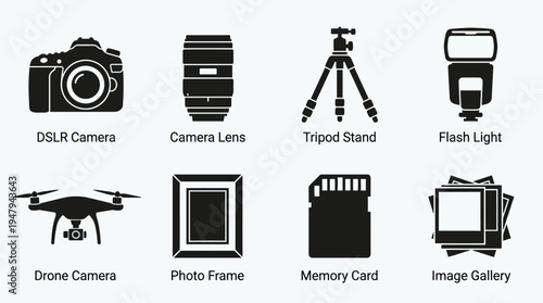 Photography Equipment Vector Icon Set – Camera Gear Vectors Featuring DSLR, Lens, Tripod, Flash, Drone, Monitor, Memory Card, Photo Frame, and Streaming Setup