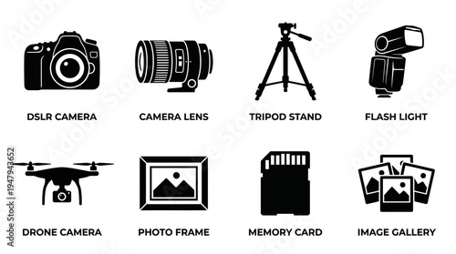 Photography Equipment Vector Icon Set – Camera Gear Vectors Featuring DSLR, Lens, Tripod, Flash, Drone, Monitor, Memory Card, Photo Frame, and Streaming Setup
