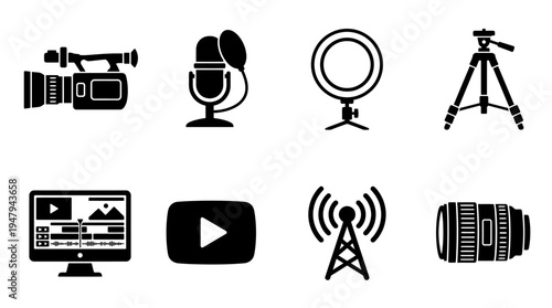 Video Production & Content Creation Vector Icon Set – Media Vectors Featuring Camcorder, Microphone, Ring Light, Tripod, Editing Monitor, YouTube Logo, Broadcast Tower, and Camera Lens