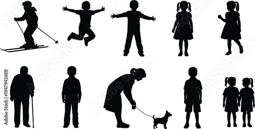 People Silhouette Vector Set Featuring Children Playing And Jumping Along With A Skier And Woman Walking A Dog And Elderly Person Standing