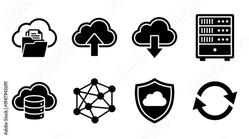 Cloud Computing & Data Infrastructure Vector Icon Set – Tech Vectors Featuring Cloud Storage, Upload/Download, Server Rack, Database, Network Nodes, Security Shield, and Data Sync