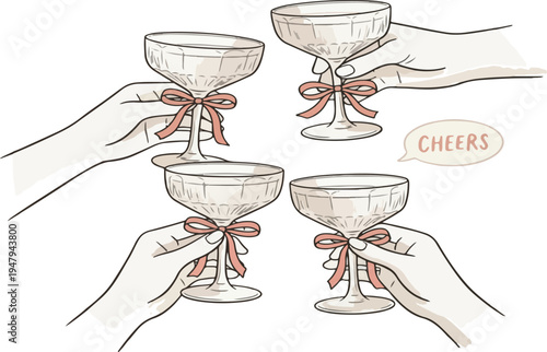 Cheers or drinking toast drawing. Glass with spirit in hands. Birthday party or bachelorette with friends. Wine, champagne, prosecco, martini, sangria vector cartoon illustration. Success celebration.