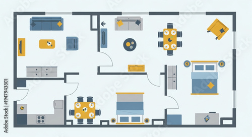 Detailed Floor Plan Illustration with Furniture and Room Layout.