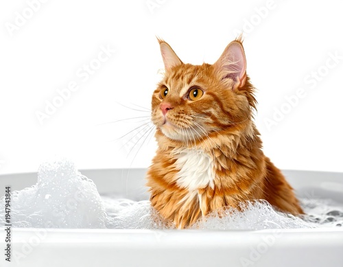 Ginger cat sits in a white tub filled with bubbles, looking away. White background