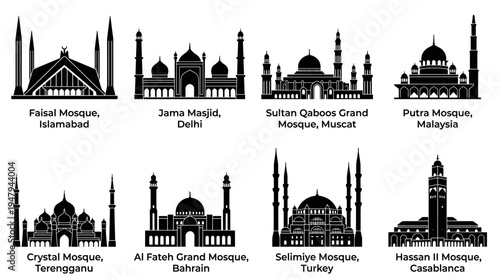 Global Mosque Landmarks Vector Icon Set – Islamic Architecture Vectors Featuring Faisal Mosque, Jama Masjid, Sultan Qaboos, Putra, Crystal, Al Fateh, Selimiye, and Hassan II
