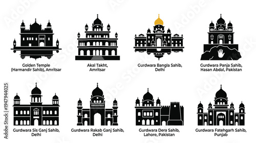 Sikh Gurdwara Landmarks Vector Icon Set – Religious Architecture Vectors Featuring Golden Dome, Arched Entrances, Minaret Towers, Courtyard Layouts, Prayer Halls, and Historic Shrines