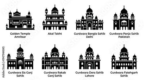 Sikh Gurdwara Landmarks Vector Icon Set – Religious Architecture Vectors Featuring Golden Dome, Arched Entrances, Minaret Towers, Courtyard Layouts, Prayer Halls, and Historic Shrines