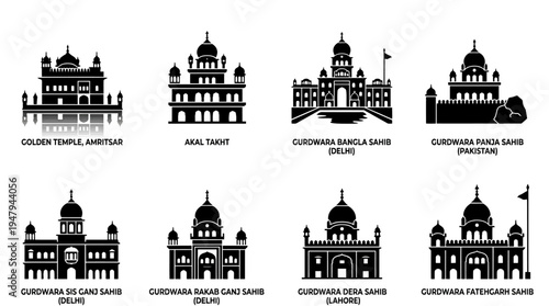 Sikh Gurdwara Landmarks Vector Icon Set – Religious Architecture Vectors Featuring Golden Dome, Arched Entrances, Minaret Towers, Courtyard Layouts, Prayer Halls, and Historic Shrines