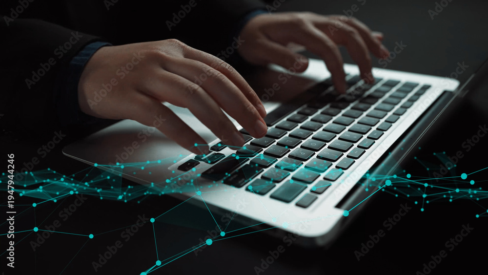 Obraz premium Hands typing on a laptop keyboard are depicted with abstract digital network overlays, symbolizing technology, communication, and modern work environments. Xenic