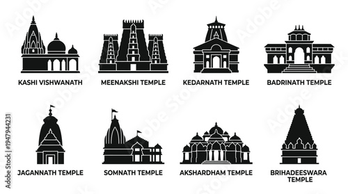 Hindu Temple Landmarks Vector Icon Set – South Asian Architecture Vectors Featuring Gopuram Towers, Mandapa Halls, Shikhara Domes, Courtyards, Pillars, and Sacred Complexes