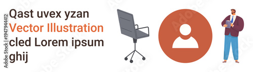 Corporate branding, workspace design, team management, user identity, business professionals, office . Office chair image, user icon and a businessman. Corporate branding and workspace design