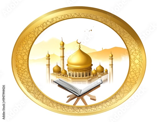 Golden mosque with book inside oval frame. Mountains background. Illustration style, warm colors, oriental architectural style