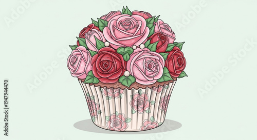 Colorful roses in a decorative cupcake wrapper on light green background for party decoration ideas