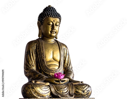 Golden statue in lotus pose, meditating while holding a pink flower. Isolated against bright white background