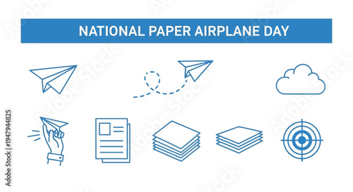 Blue line art icons for National Paper Airplane Day on white background