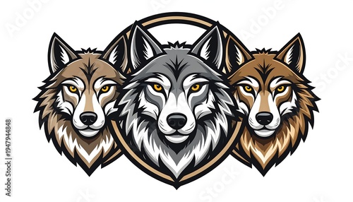 Graphic art of three wolf heads within an oval frame, showcasing a strong, protective unity on a white background