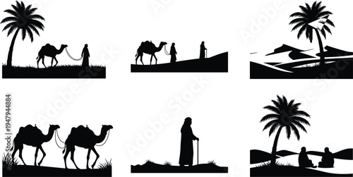 desert camel caravan silhouettes set, arab traveler walking with camels, oasis palm landscape scenes, middle east culture journey vector illustration collection