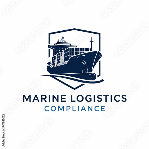 Marine Logistics Compliance Cargo Ship Logo in Shield on Isolated White Background