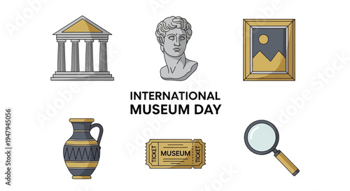 Flat illustration promoting International Museum Day with cultural artifacts