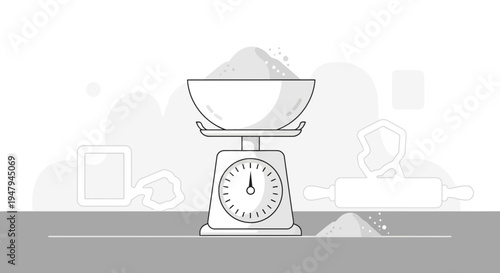 Baking ingredients on kitchen scale, cooking, measuring, preparation, recipe, food