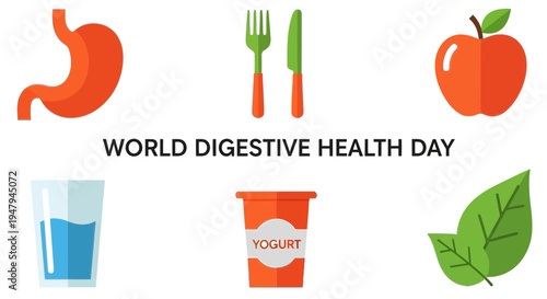 Graphic celebrating World Digestive Health Day with stomach food and drink icons