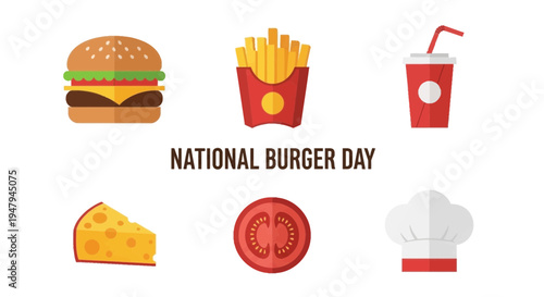 Flat vector icons for National Burger Day burger fries drink cheese tomato chef hat