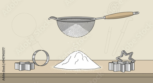 Baking preparation: sifting flour with cookie cutters for festive cookies