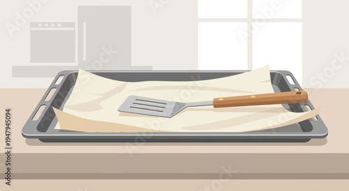 Baking Sheet with Parchment Paper and Spatula on Kitchen Counter