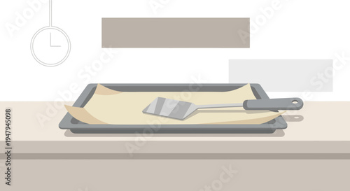 Baking tray with parchment paper and spatula on kitchen counter, clock in background