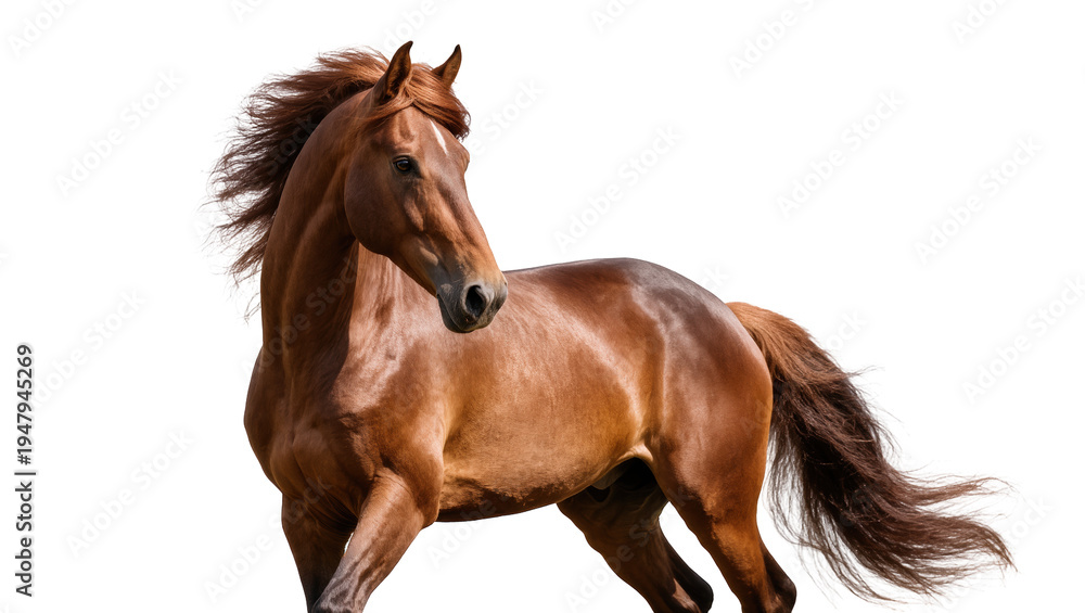 Fototapeta premium Isolated majestic bay horse in a powerful dynamic pose with flowing mane and tail