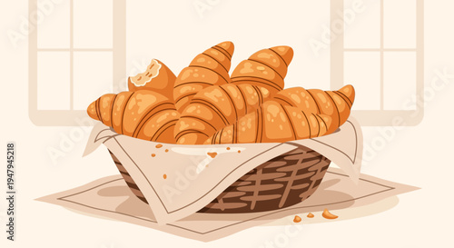 Basket of Freshly Baked Croissants on a Table with Window in Background