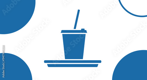 Blue disposable cup with straw on a plate, abstract blue circles background