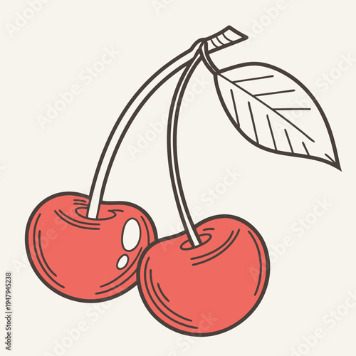 Two cherries with leaf - fruit icon with line art with cocktail garnish