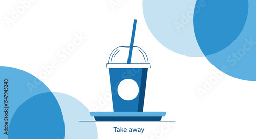 Blue takeaway coffee cup with straw on a saucer, modern minimalist design, abstract circles background