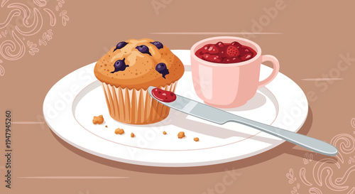 Blueberry Muffin with Jam and Coffee Cup on Plate