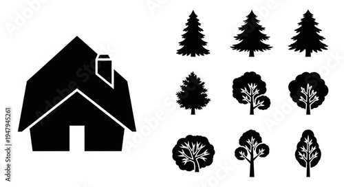 Silhouette of a house and various tree types.