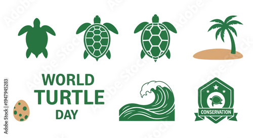 Green graphic icons and text celebrating World Turtle Day with conservation themes