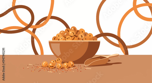 Bowl of soybeans with scoop on wooden table, abstract brown background