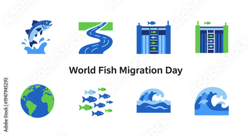 Icons for World Fish Migration Day depicting fish rivers dams the globe and waves